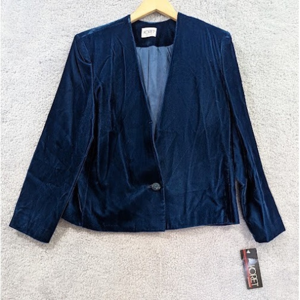 Koret Velvet Blazer Women's‎ Size 12 Blue Lined Shoulder Pads Single Button NWT